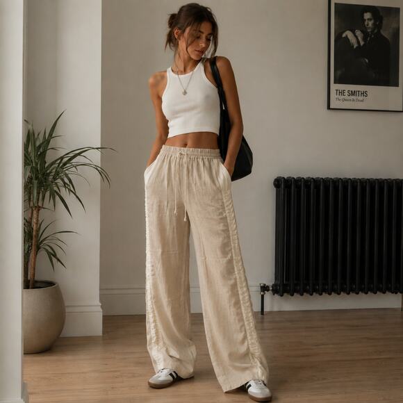 Zara Pants - ZARA Sz L Tan Drawstring Flowy Pants Elastic Waist Wide Leg White Stripe